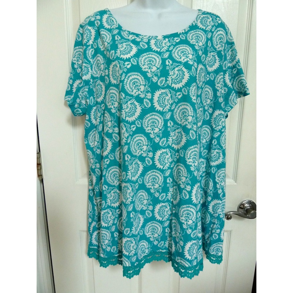 *NEW KIM ROGERS Sz XL 16/18 Crocheted Hem Tunic Top Pleated Back Floral*